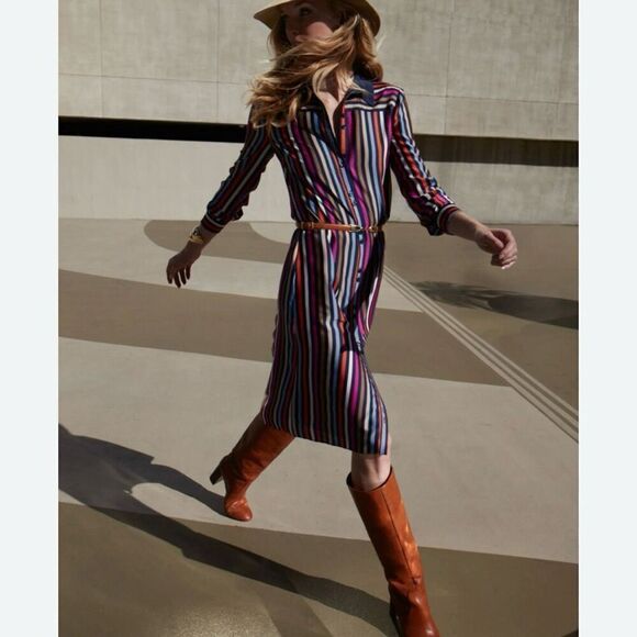 Trina Turk Navy‎ Striped Cuffed Knee Length Shirt Dress Size 6 - Picture 1 of 11